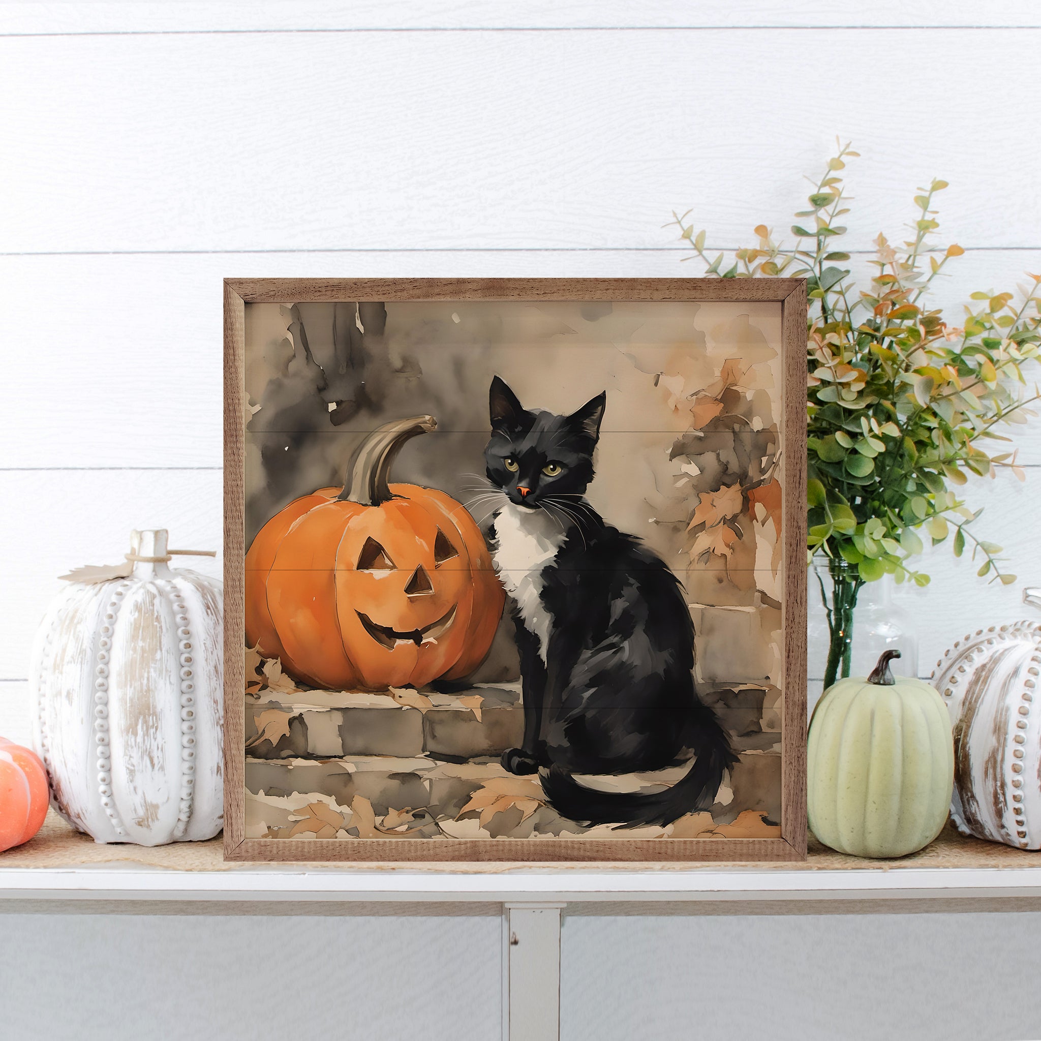 Original watercolor framed Black cat outlet and pumpkin halloween wall decoration